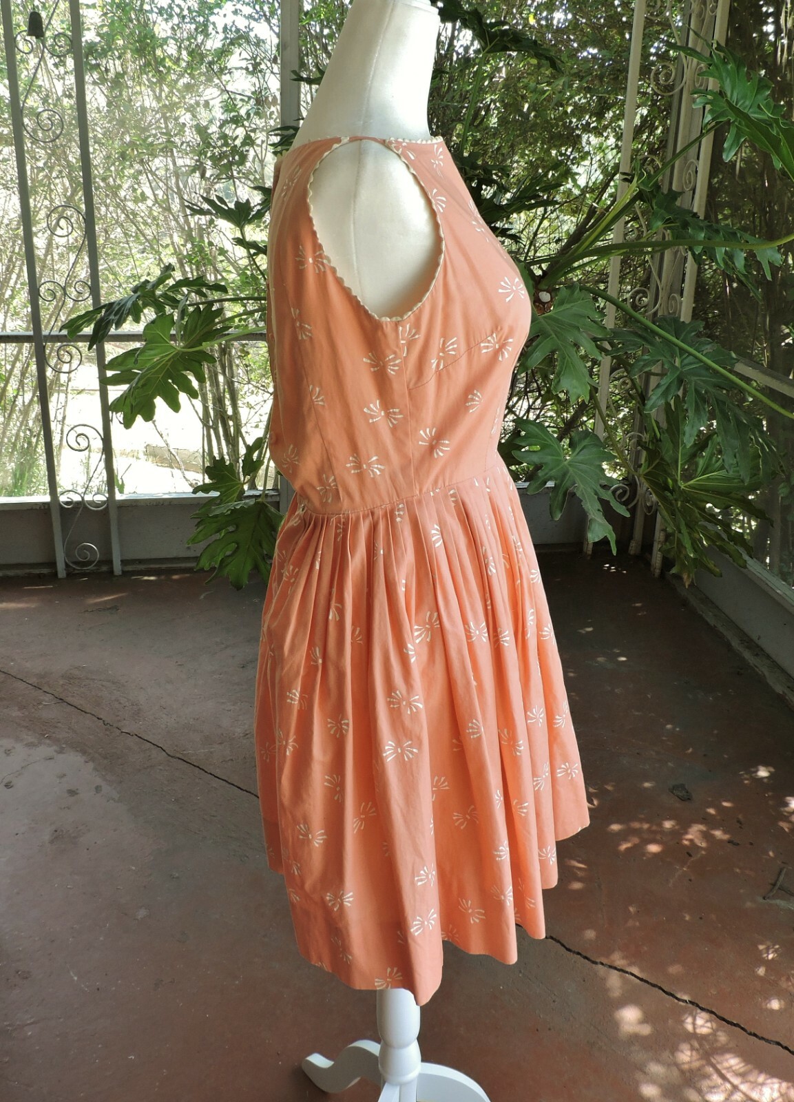 VINTAGE 1950’S PEACH WHITE COTTON DRESS 00 XXS SLEEVELESS STRAPS