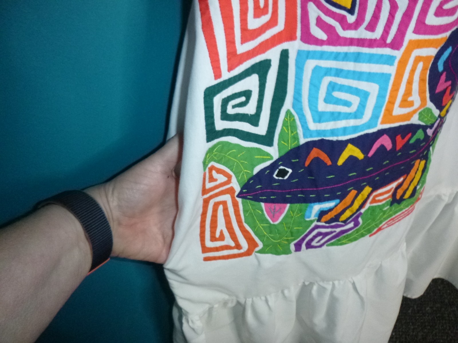 Vtg 70s Seds Crafts Mola Panama Reverse Applique Dress Fish Geckos One Size