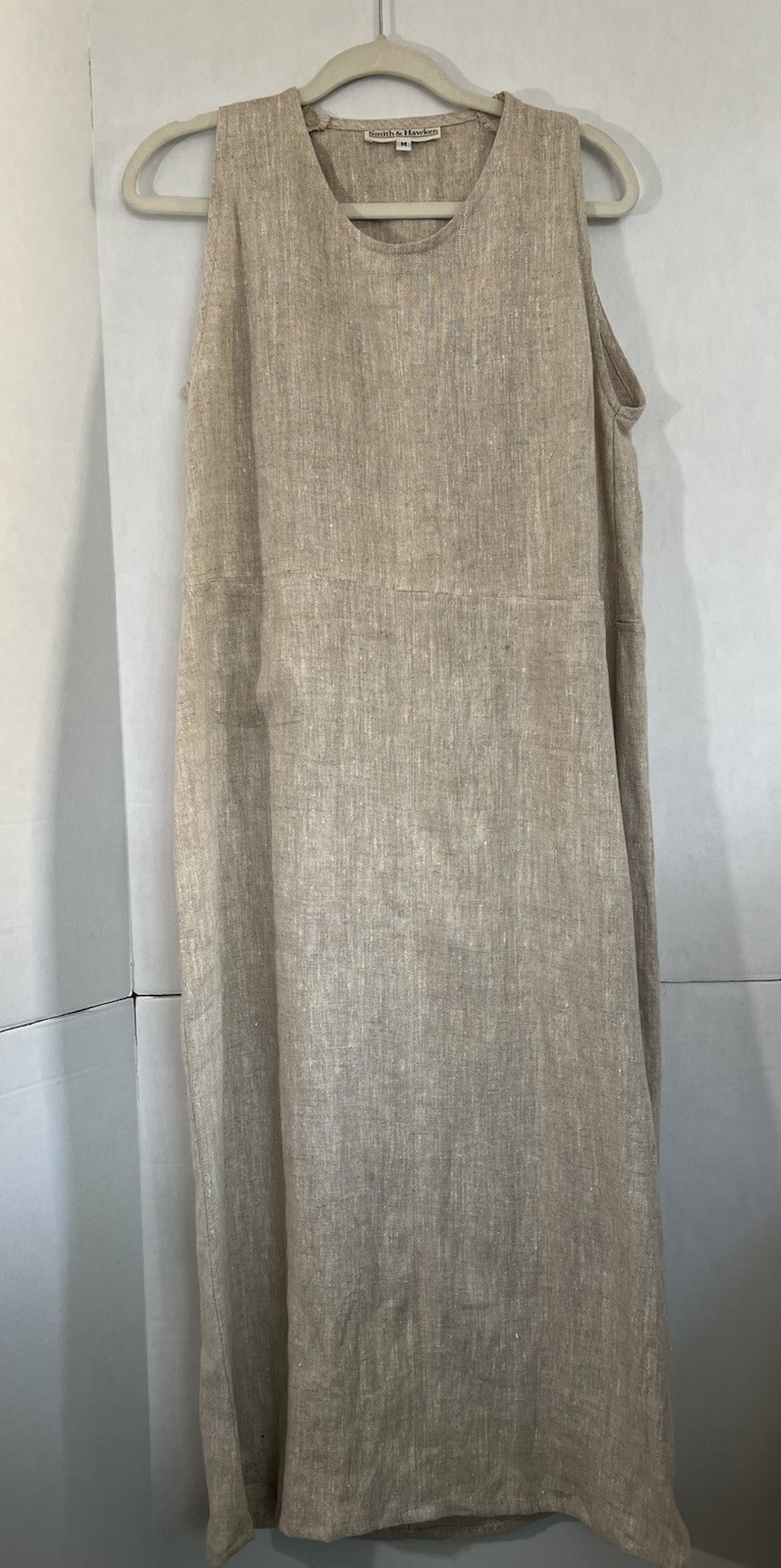 VTG Smith Hawken Heavy Linen Jumper Dress M Cottagecore Prairie Oatmeal Tan 38”
