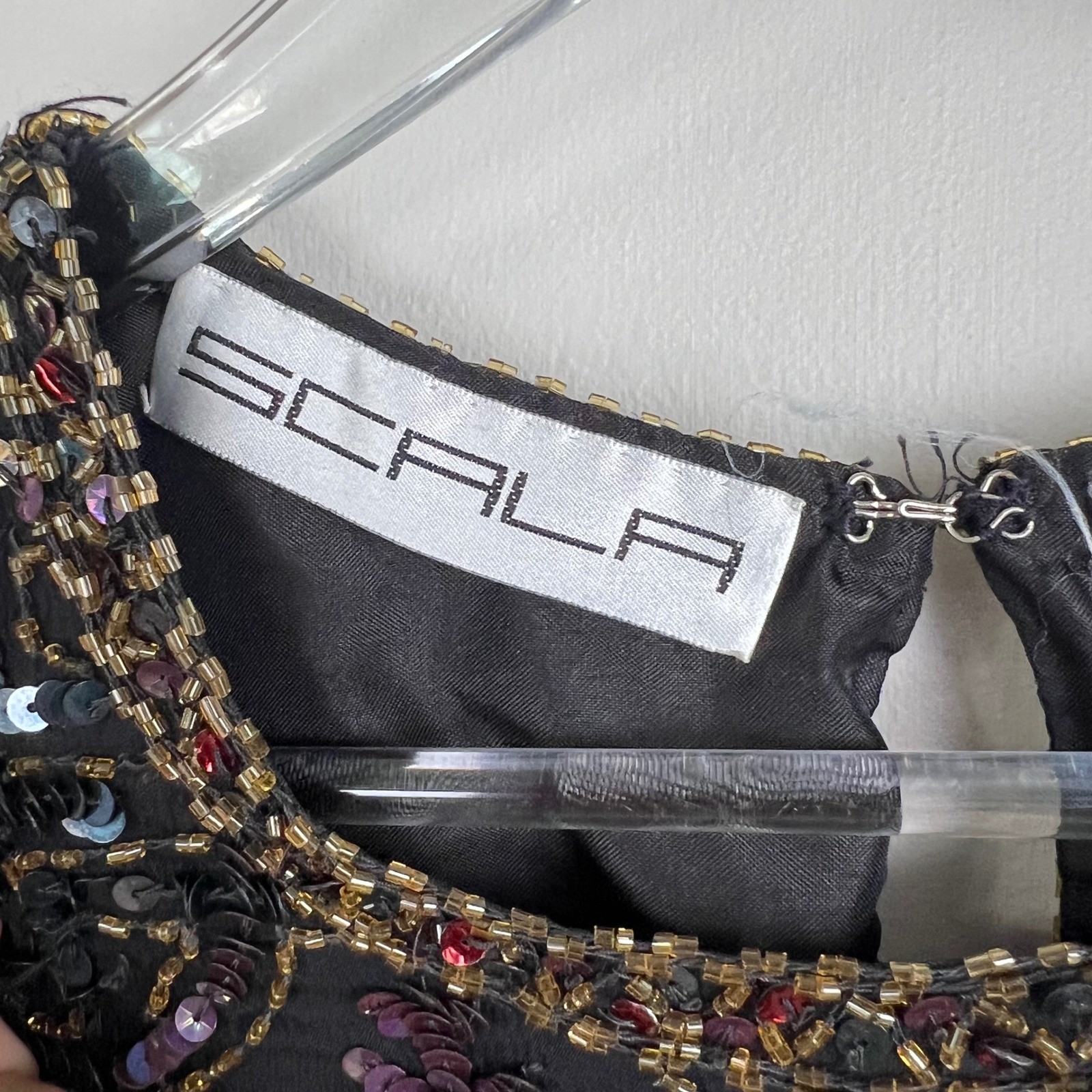 Scala Beaded Sequin Silk Top Womens PM Petite Medium Black Vintage 90s READ
