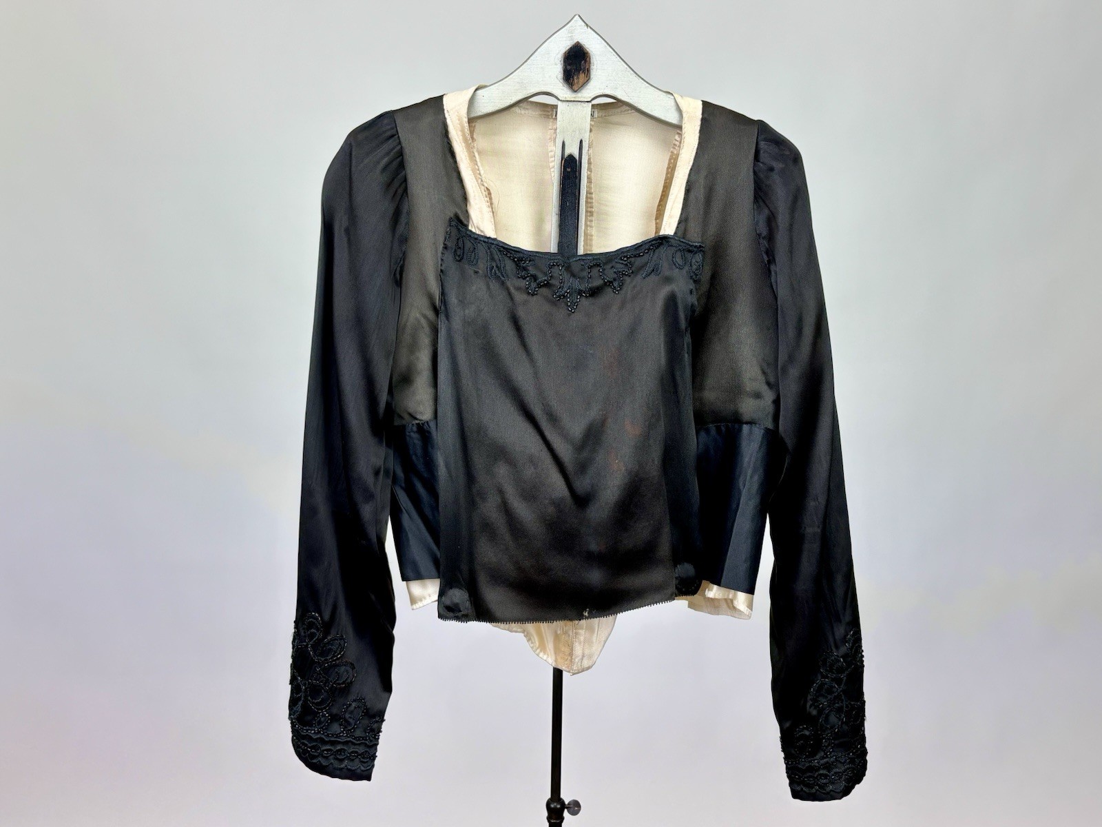 Antique Victorian Bodice Black and Cream Satin with Black Embroidery and Beading