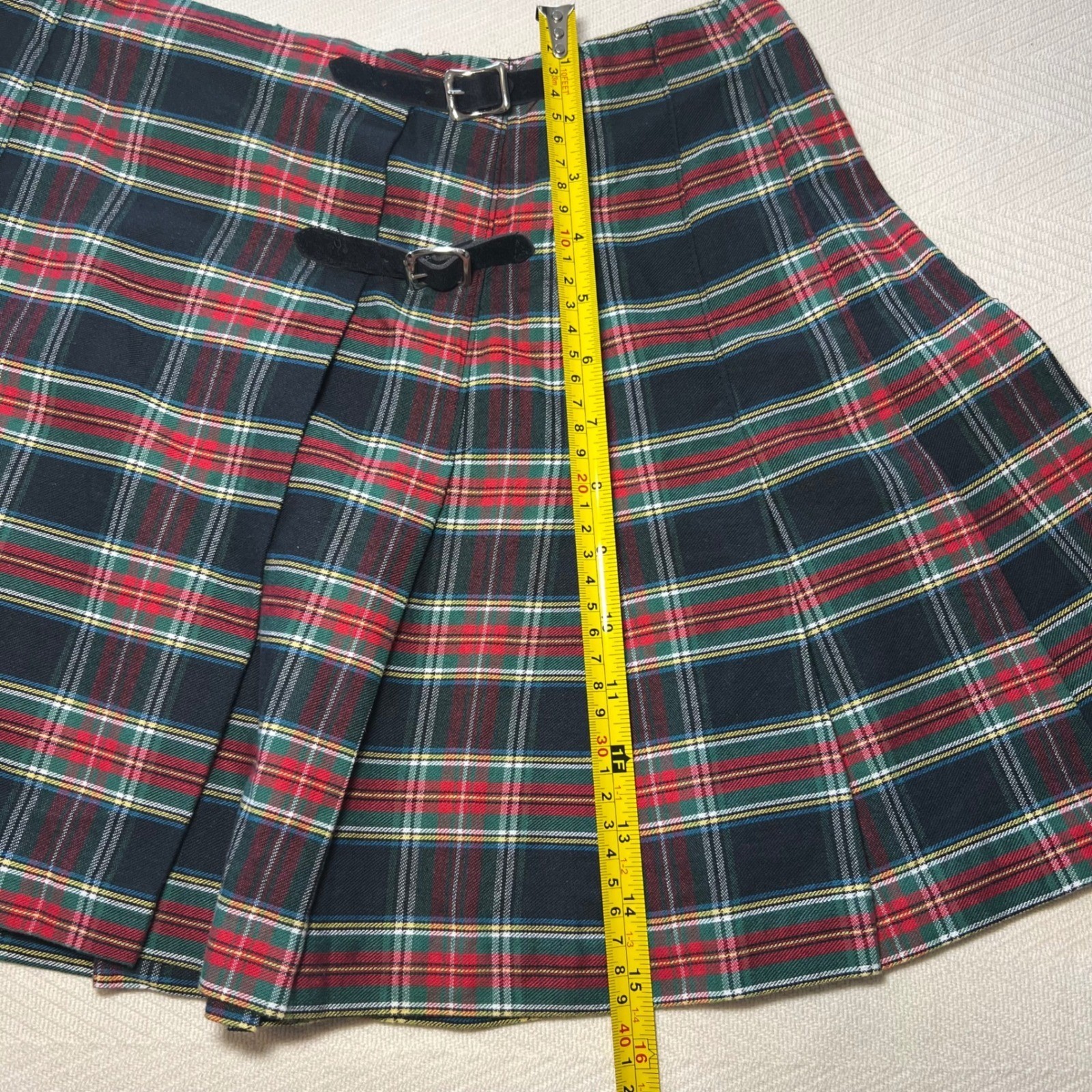 Vintage 1991 Necessary Objects Red Green Plaid Pleated Cotton Mini Skirt Size 7