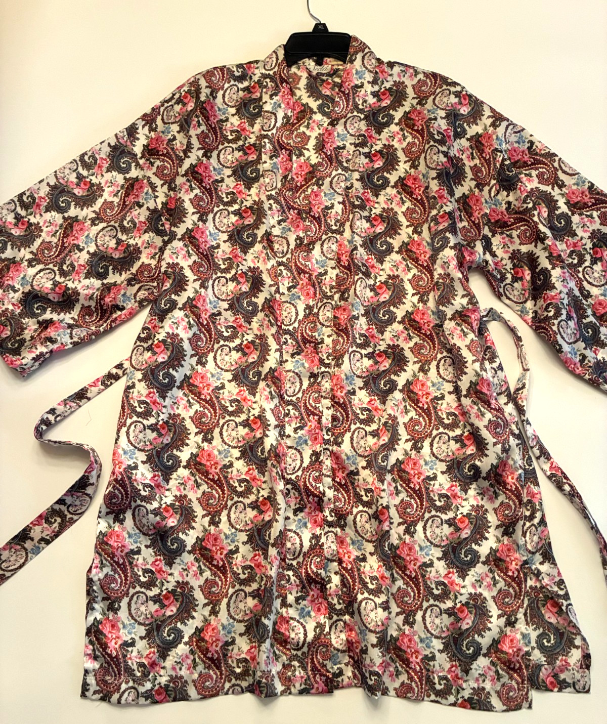 Vintage 80s SEDU PAISLEY SHORT ROBE One Size Large KIMONO Wrap Pink Sash Belted