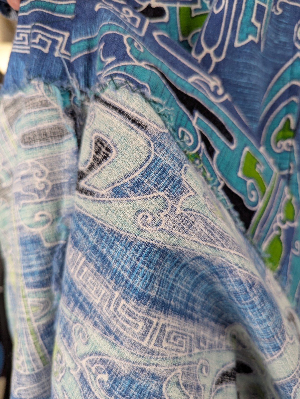 Vtg 70s Two Potato Tribal BARKCLOTH Angel Wing Boho Dress – Blues Greens MEDIUM
