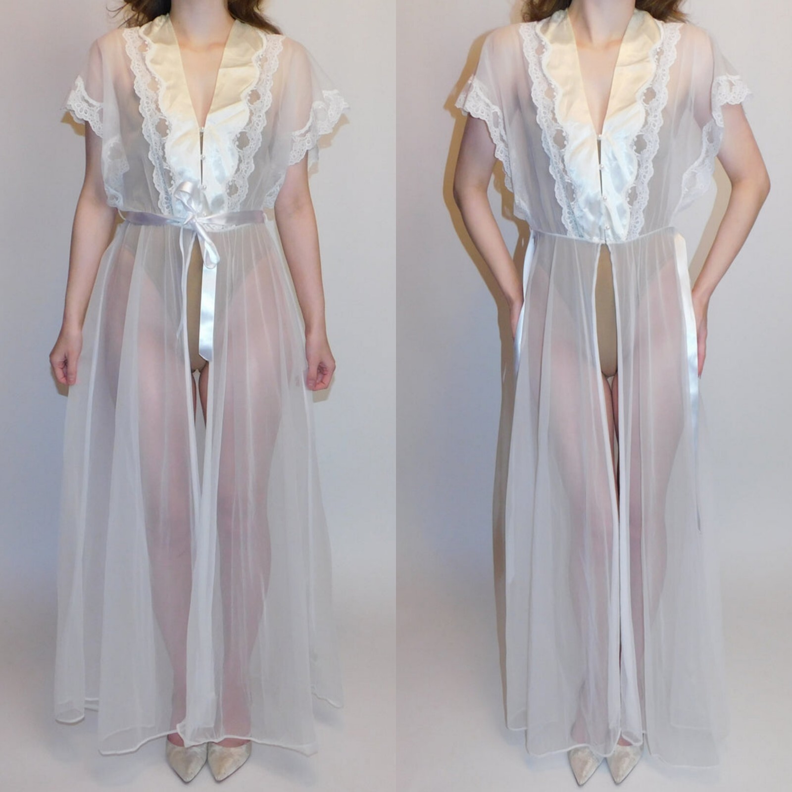 Vintage Val Mode White Sheer Chiffon Peignoir Robe Lace Bridal Lingerie