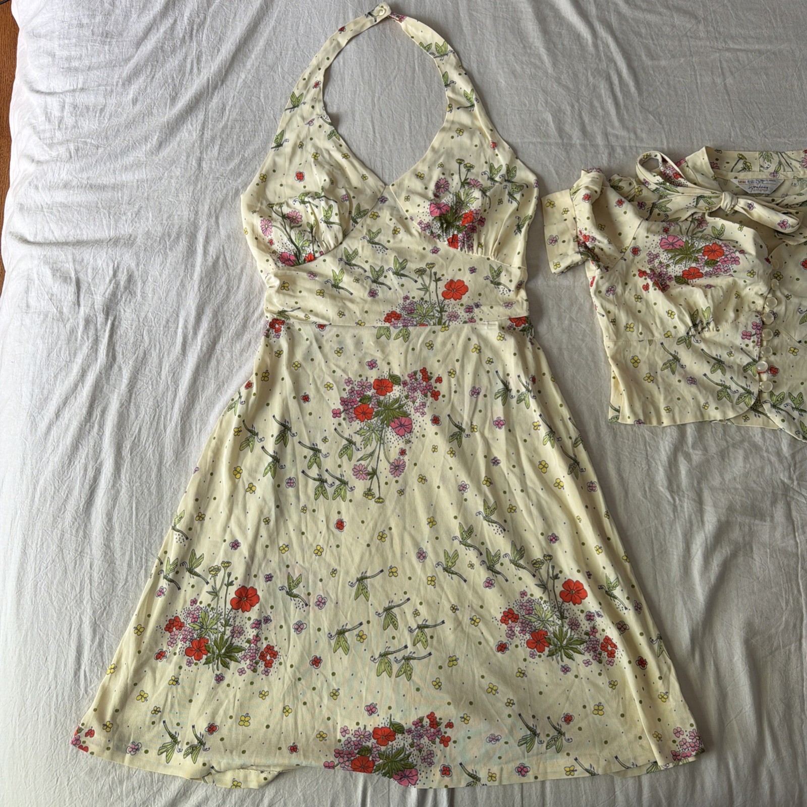 VTG 70’s JC Penny Fashions 2 Piece Dragonfly Floral Print Halter Dress