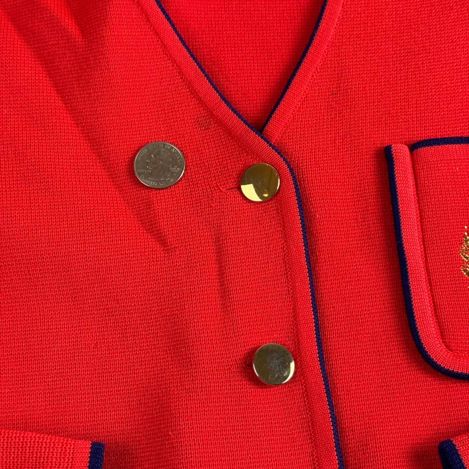 Vintage 60s Carnaby Red Wool Preppy Cardigan Navy Trim Gold Crest Buttons Sz 12