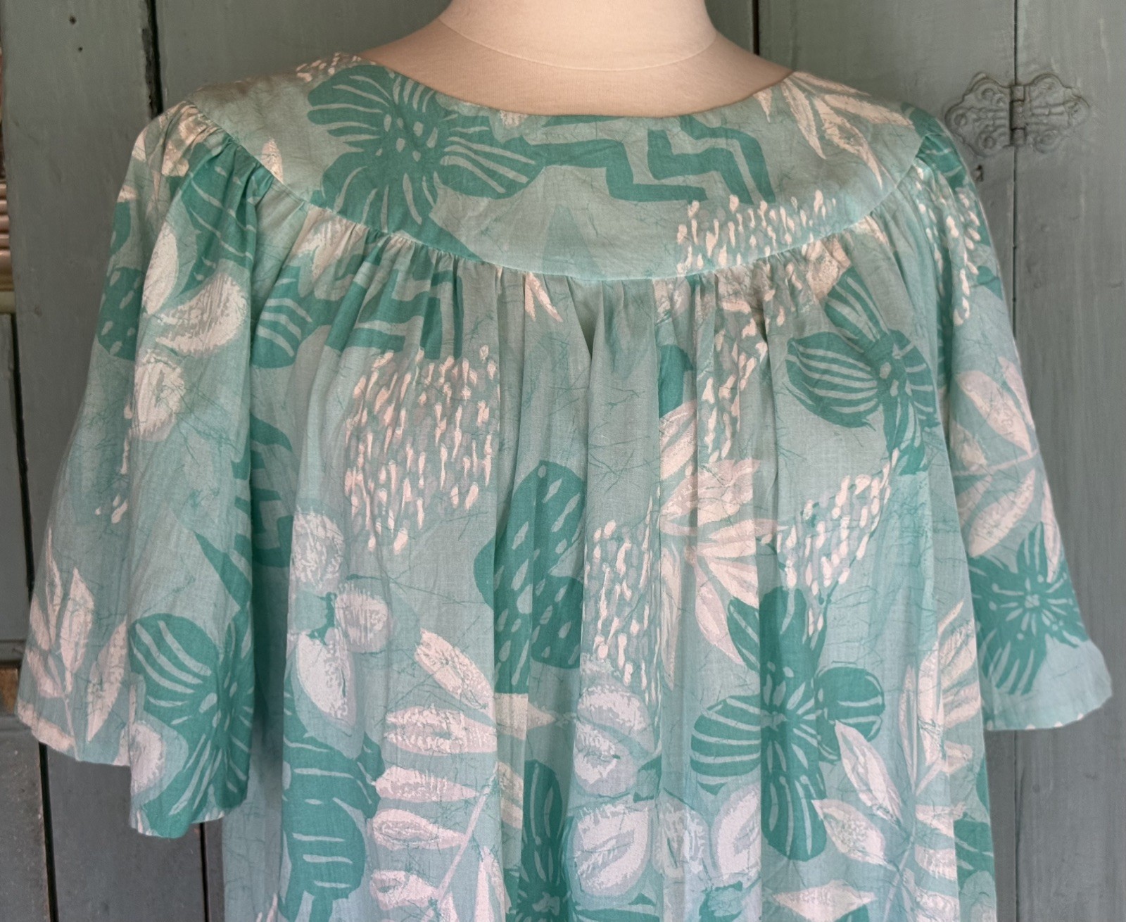 VTG 60’s BARK CLOTH HAWAIIAN MUMU Maxi Muumuu Kaftan Teal SeaGreen Bespoke S/M++