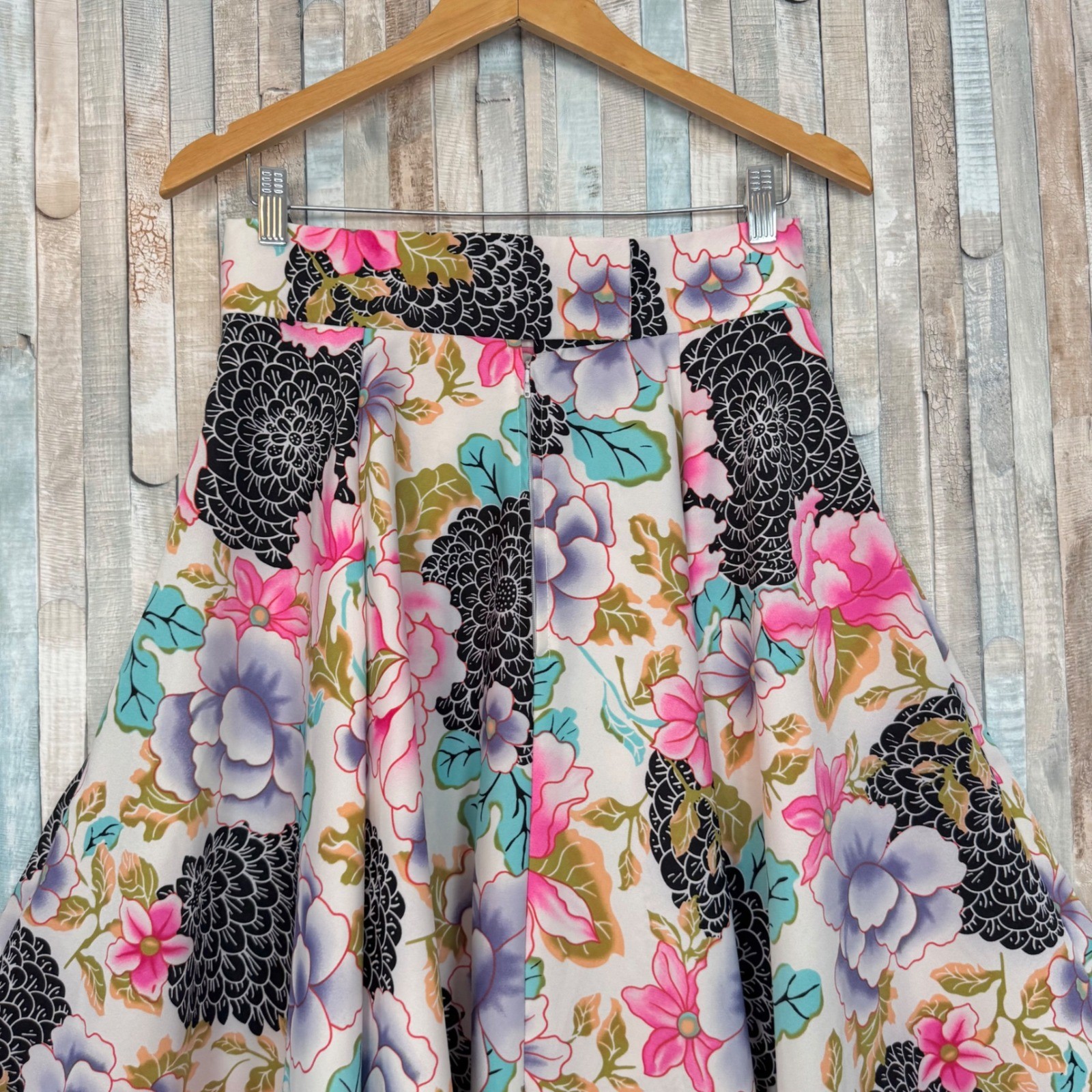 Vintage M Floral Circle Swing Twirl Full Midi Skirt High Waist Pleated A-Line