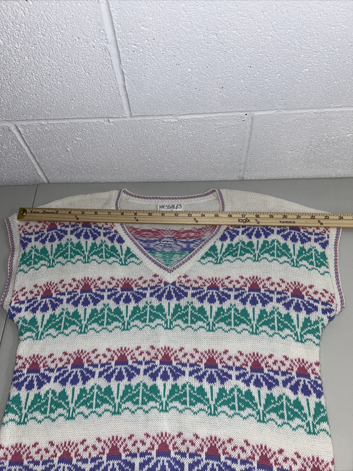 Vtg Pastel Top Messages Short Sleeve grandma 80s geek Spring Sweater large A2