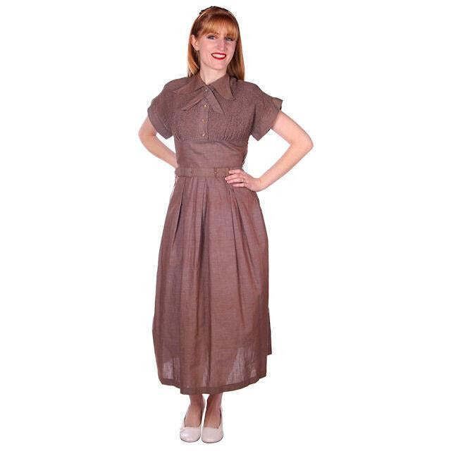 Vtg 40s Campus Star Cotton Day Dress Taupe Blue Changeable Smocked 34 27 Free