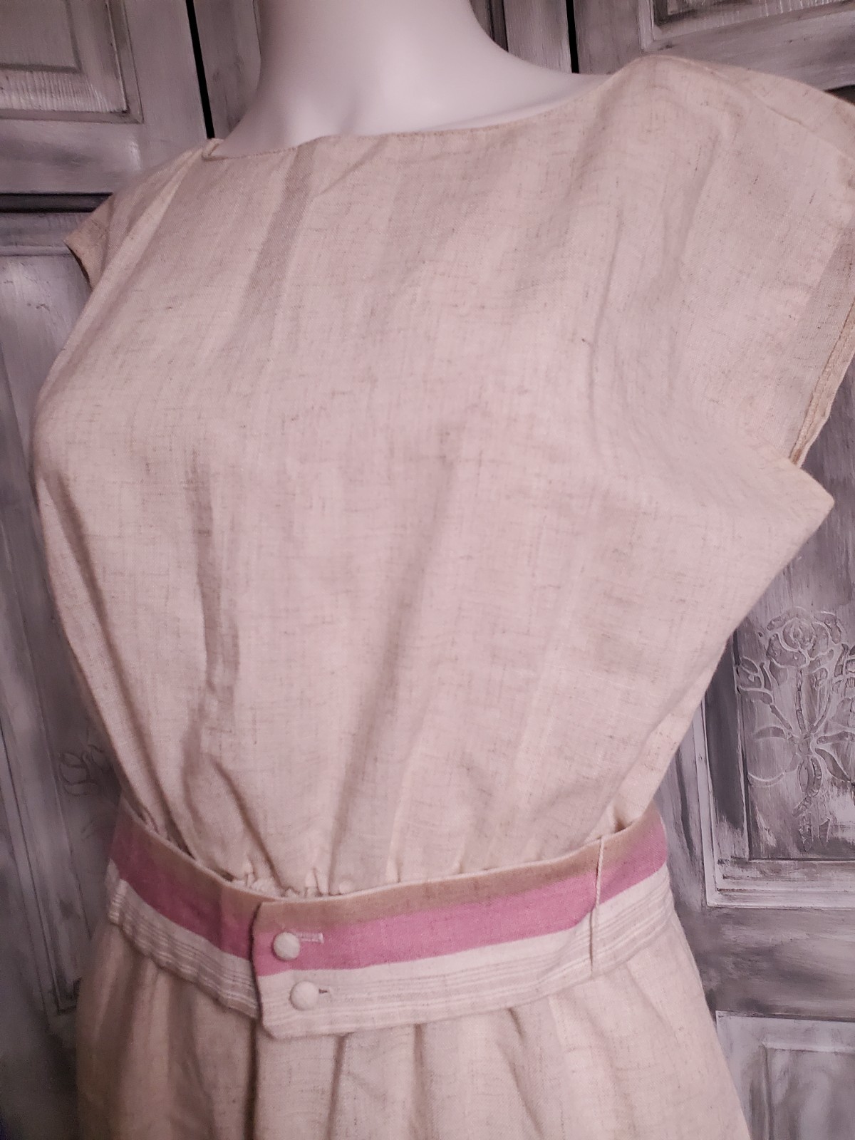 M VTG 80s Cream W/Belt Midi Sun Dress Linen OR Blend Sundress Elastic Waist