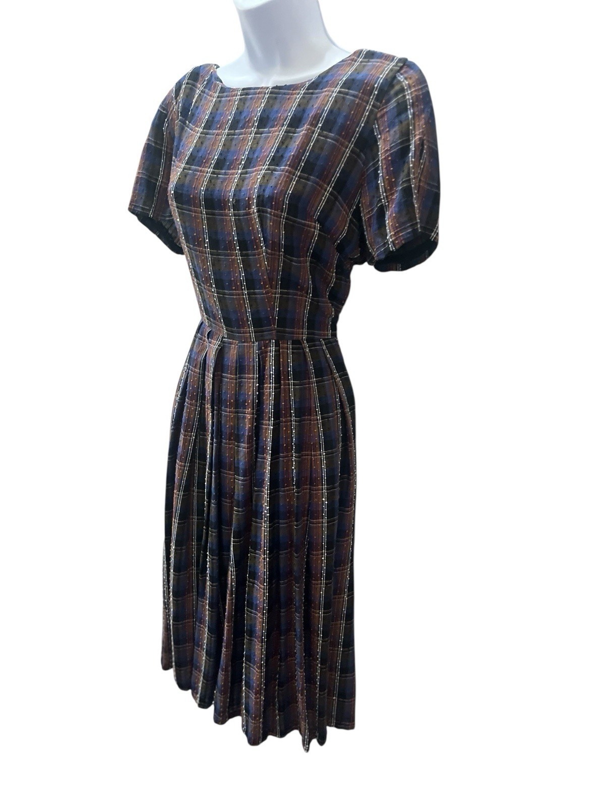 Vtg 1950s Plaid Pleated Day Dress S/M Metal Zipper Textured Fabric Short Sleeve