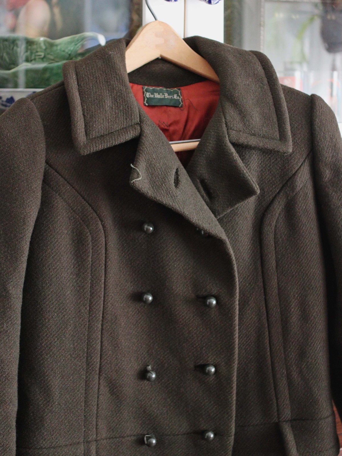 Vintage 1960s The Halle Bros Co deep olive green wool princess Peacoat 60s