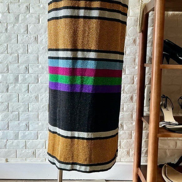 Vintage 1970s Italian Metallic Striped Colorblock Glitter Lurex Ribbed Knit Gown