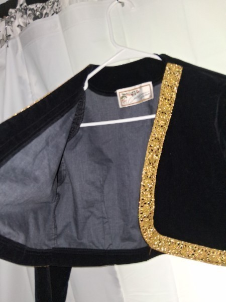Vintage 80s California Gold Rush Black Velvet Bolero Jacket Gold Trim Shrug
