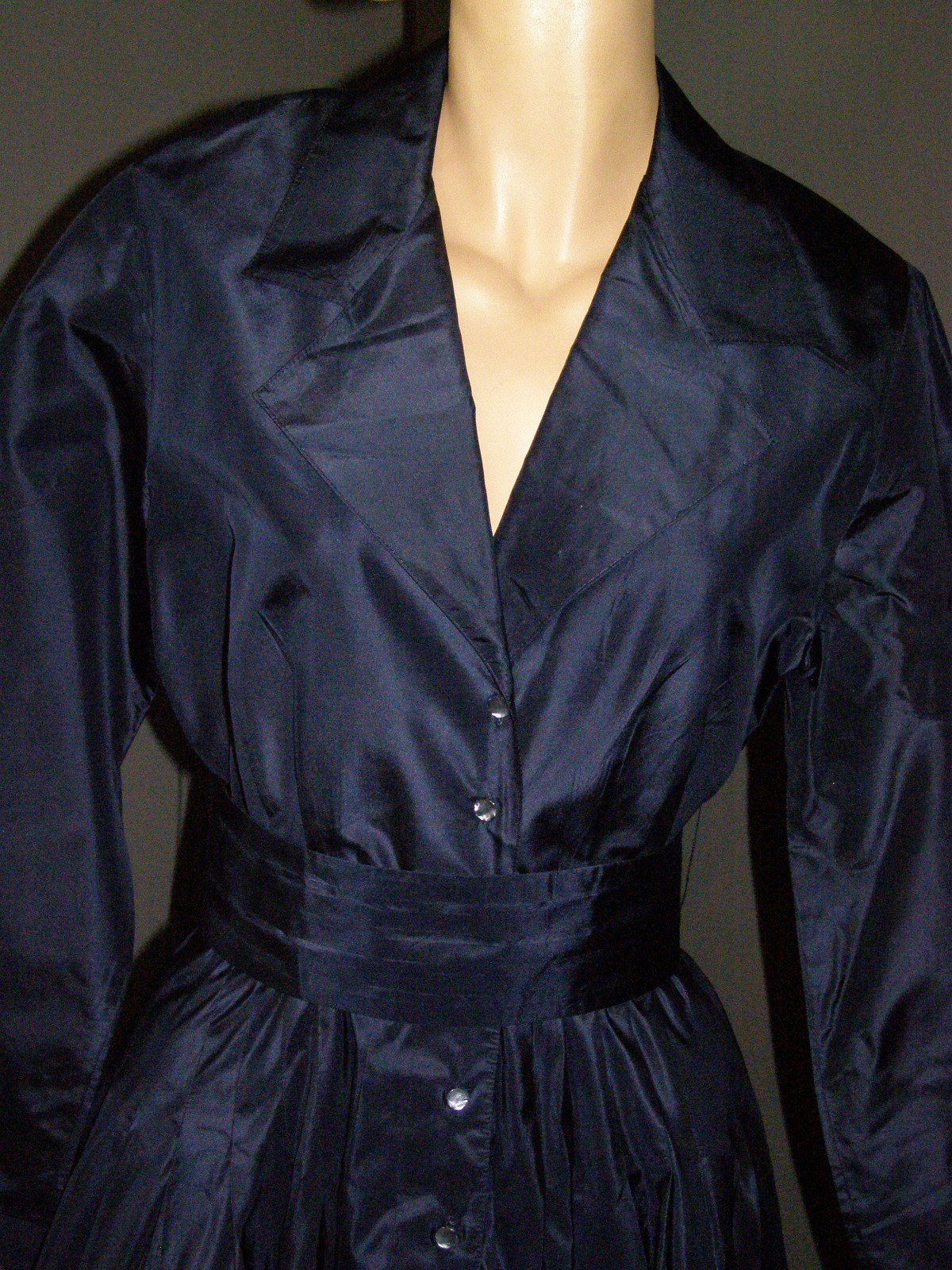 Vintage 80’s dark navy-blue button-down SHIRT DRESS S M silk LIZ CLAIBORNE full