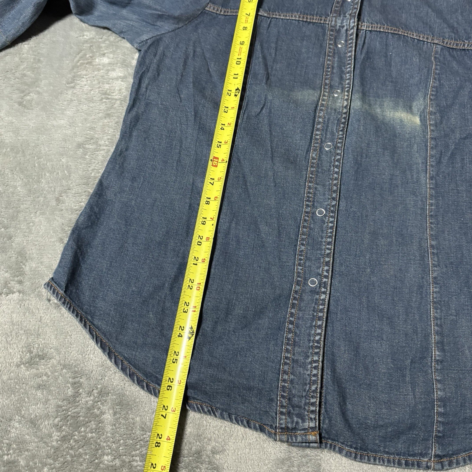 VTG 80s Womens Denim Sharp Collar 3/4 Sleeve Button Snap Shirt Size L 21×27
