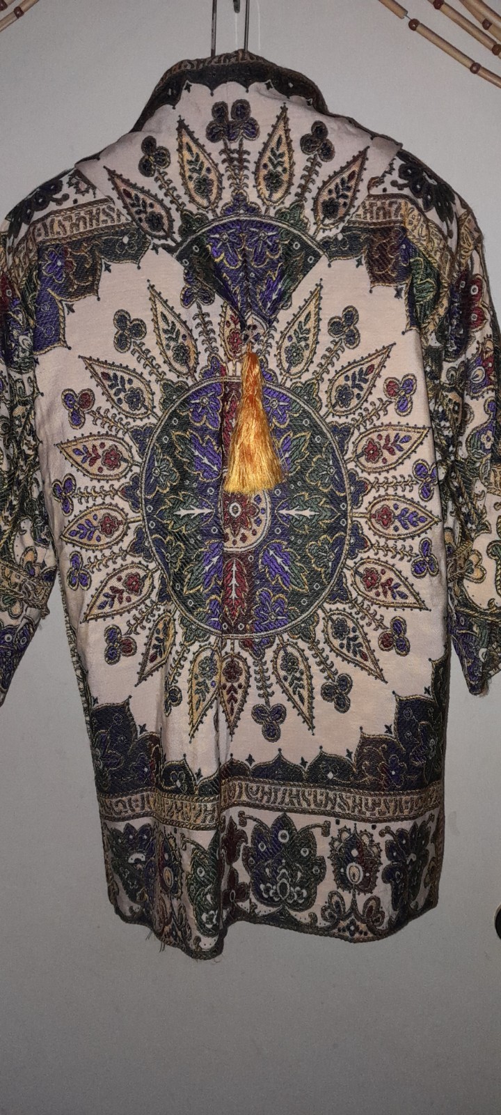 Vtg 60s 70s Tassle Hood DAMASK Jaquard Tapestry Rayon Ethnic Morroco Jacket Coat