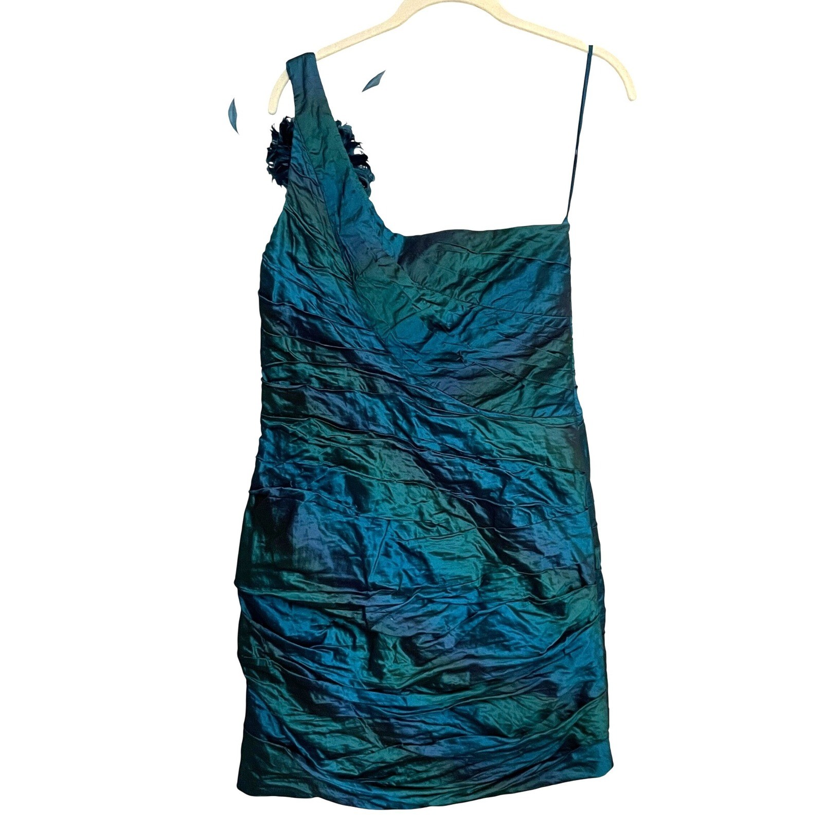 Vintage y2k Alberto Makali cocktail formal One Shoulder iridescent Feathers