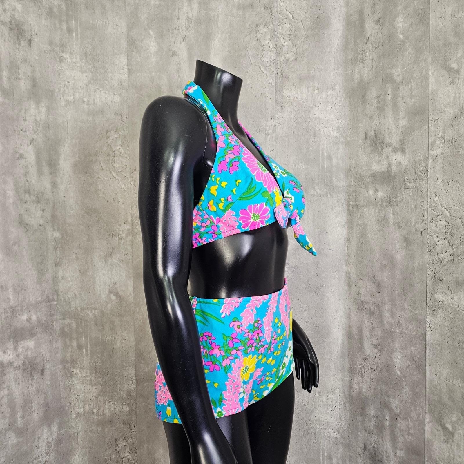 Vintage 70s Parform Originals Floral Bikini Tiki High Waist S Malibu Mod