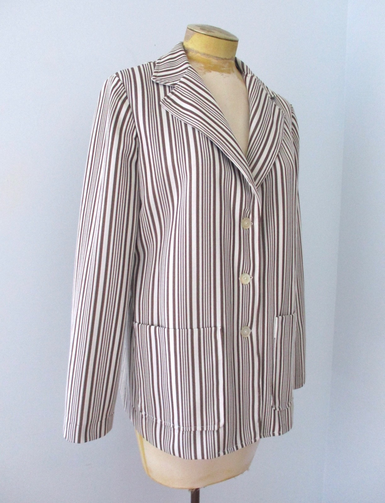 Vtg 70s Mod Brown Poly Knit Textured Stripe Button Jacket Blazer Pockets L/XL