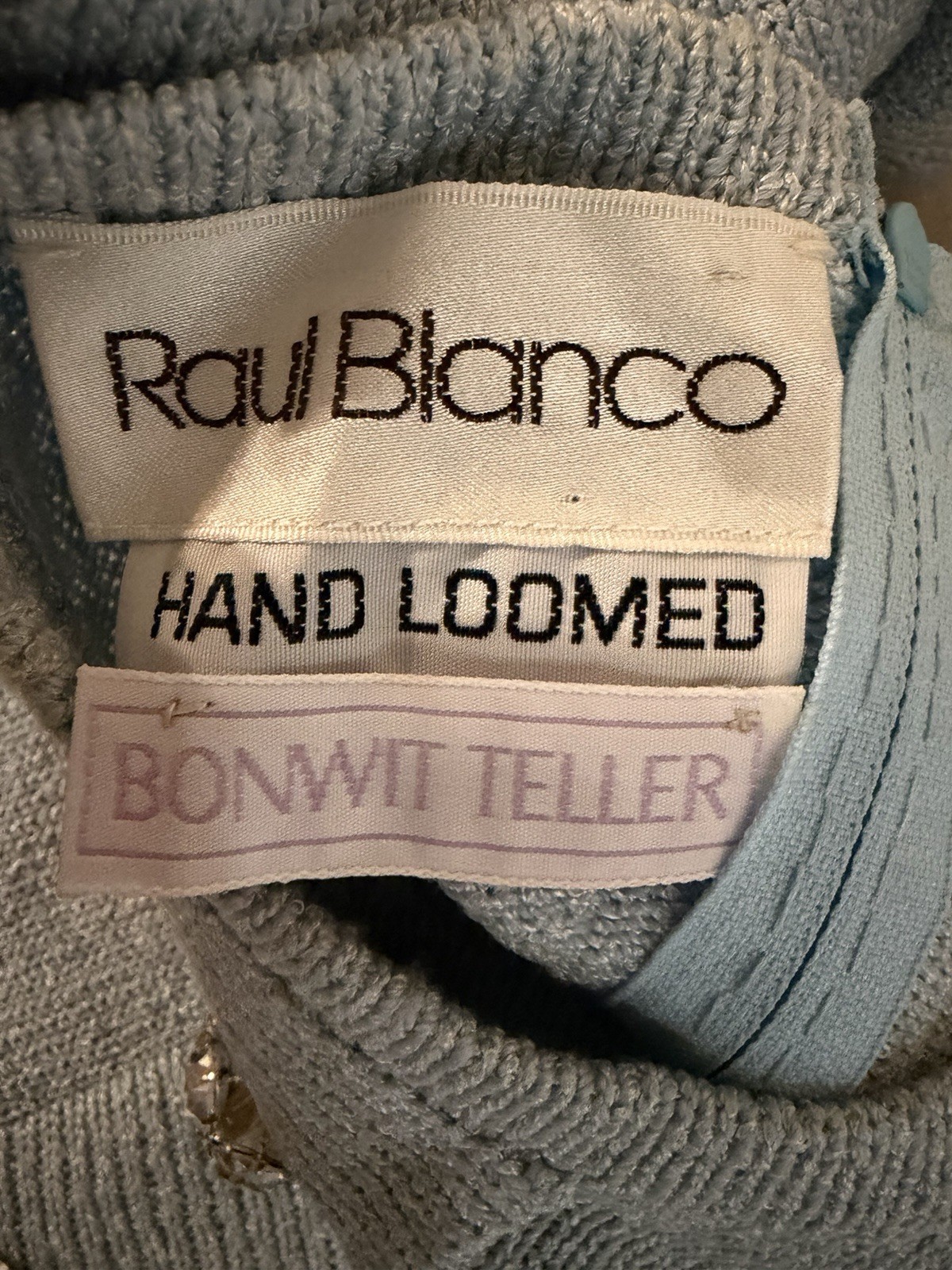 Vintage Raul Blanco Knit Sweater Dress Sz 10 Rhinestone Bow 110406 Blue