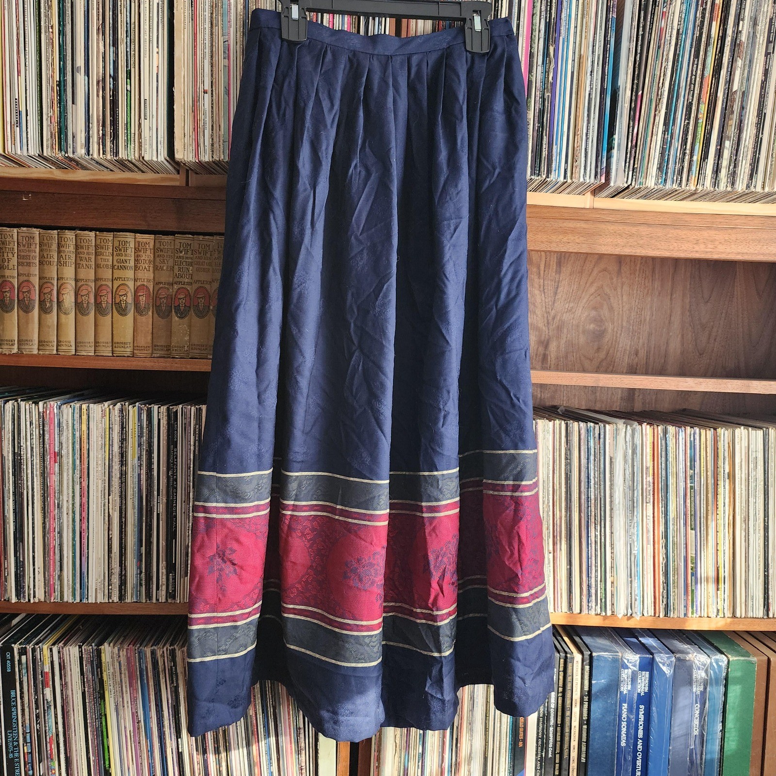 Vintage 1960s Villager Wool Blend Maxi Skirt Navy Blue Red Stripe Made in USA M