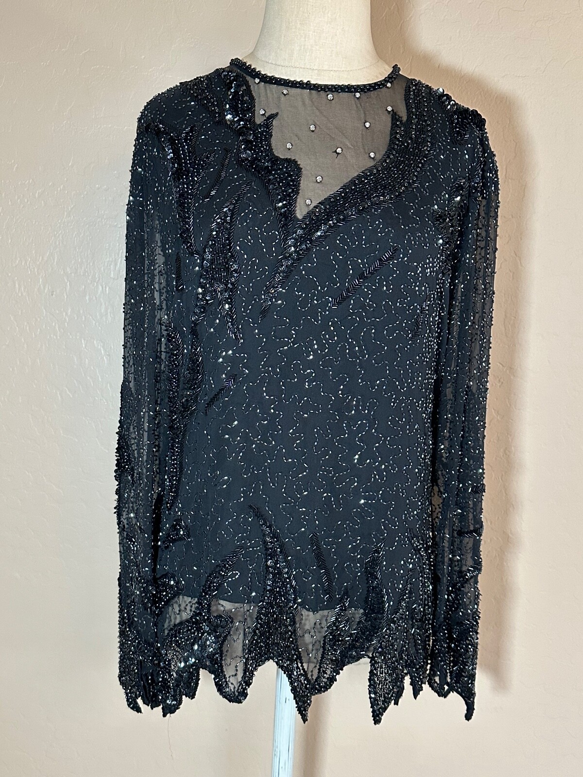 Vintage Sho Max Sheer Black Sequin Beaded Rhinestone Lined Top Blouse Sz M