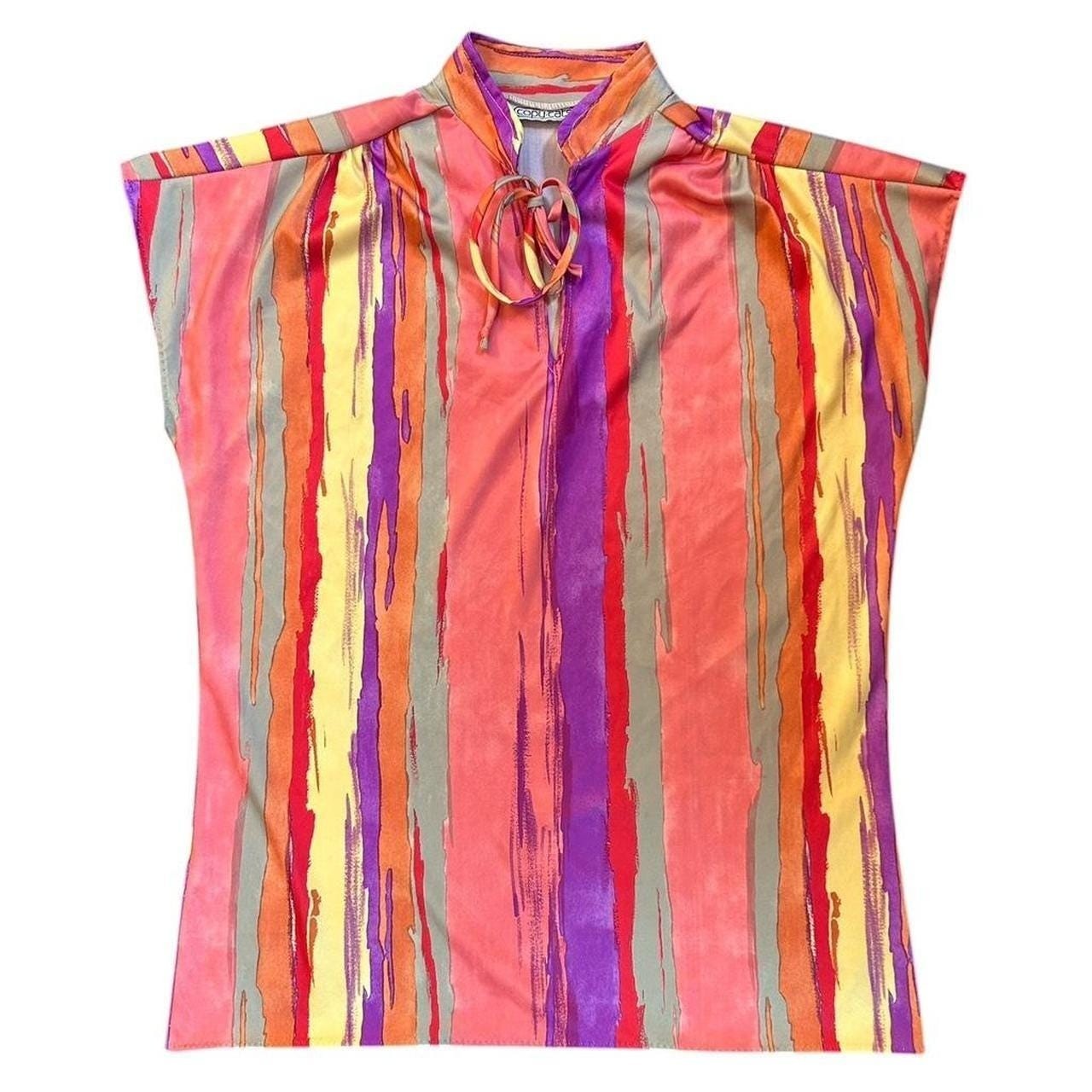 Vintage Copy Cats Statement Abstract Tie Keyhole Neck Top L Artsy Dolman Sleeve