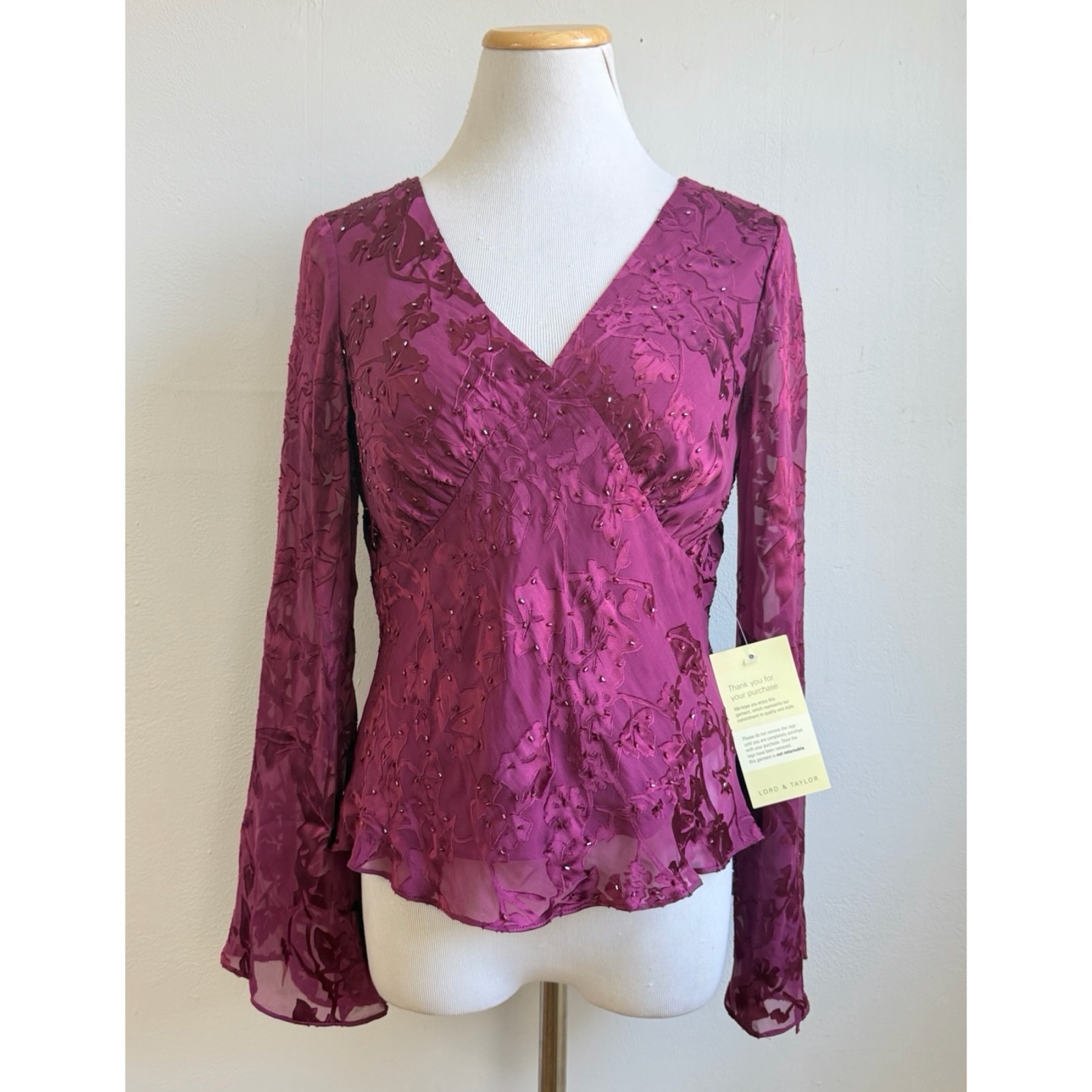 Vintage Magenta Beaded Silk/Rayon Jacquard Blouse Size Medium 90s Whimsygoth