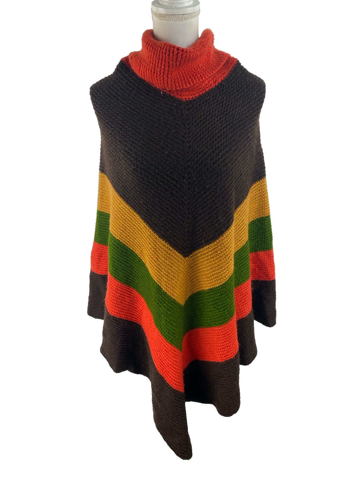 60s 70s Vtg Colorblock Cape Poncho Knit Turtleneck Boho Hippie Festival Mod OOAK
