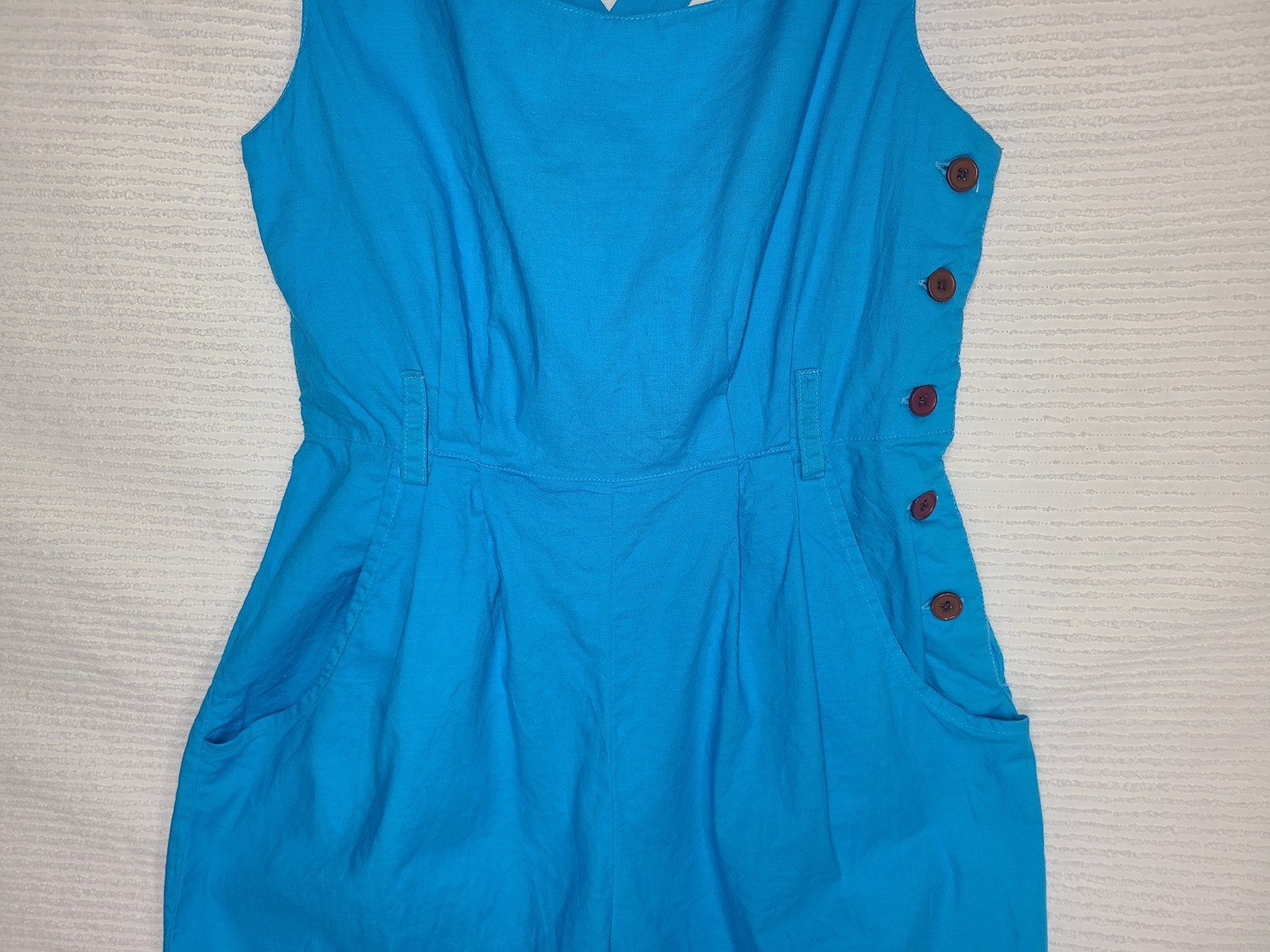 Vtg 80s Cotton Jumpsuit Blue Retro Pinup Juniors 11 M L Cross Back Button Side