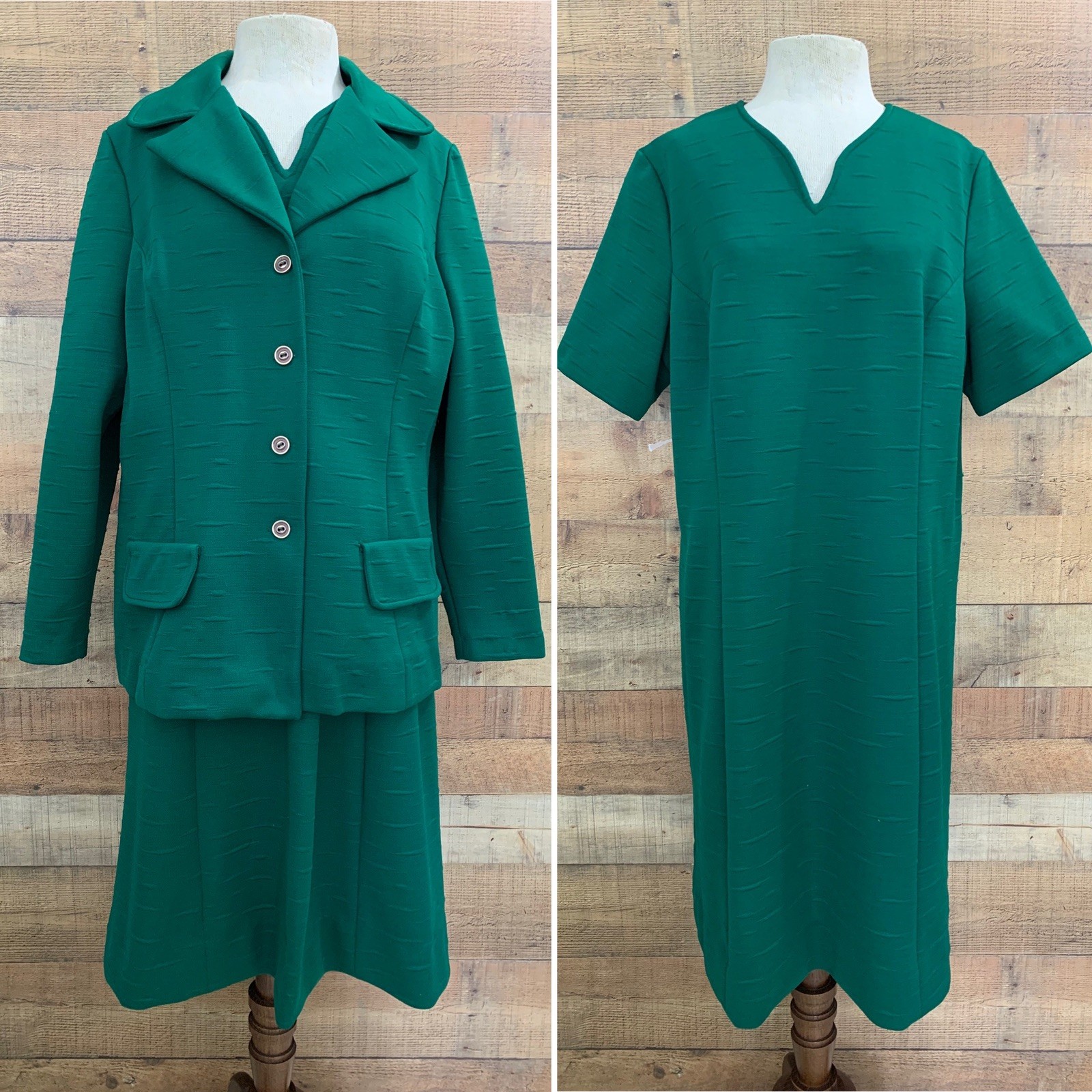 Vintage 1970s Green Jacket & Dress 48” Bust /44”Waist Matching Belt Set