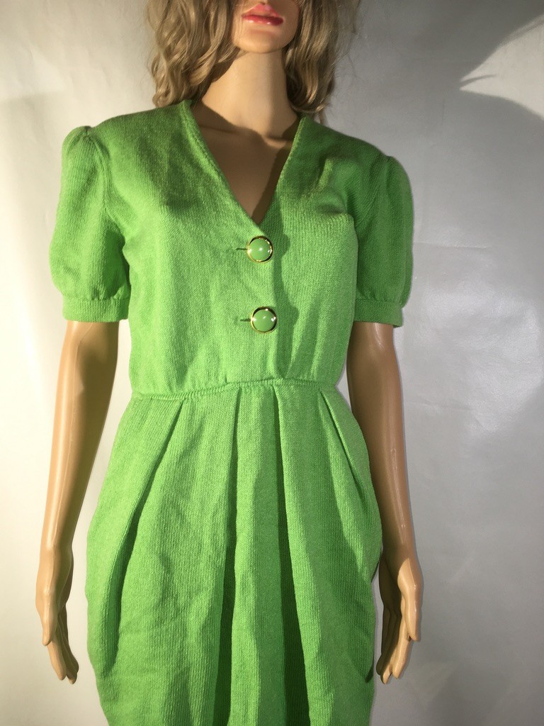 Vintage St. John by Marie Gray Knit Green Dress Puff Sleeves Size 8 1980s V-neck