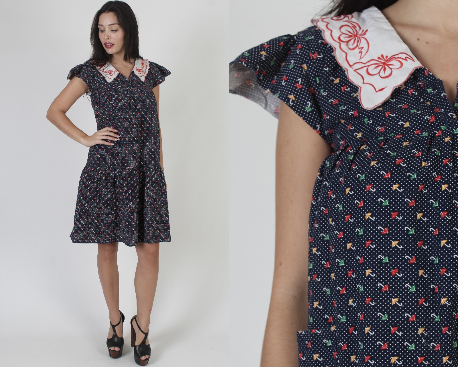 Vtg 70s A Line Novelty Umbrella Print Swiss Polka Dot White Collar Tent Dress