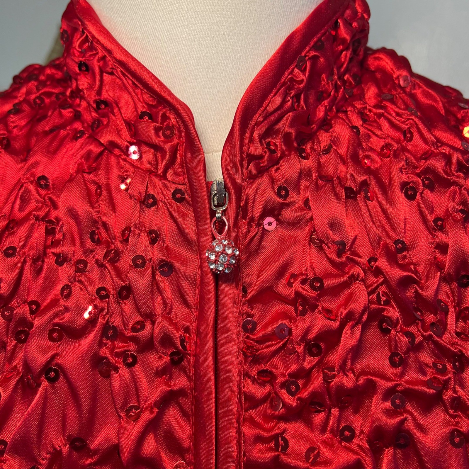 Vintage J.B.S. Ltd Red Ruched Beaded Sequin Zip Up Jacket Party Glam Y2K Small