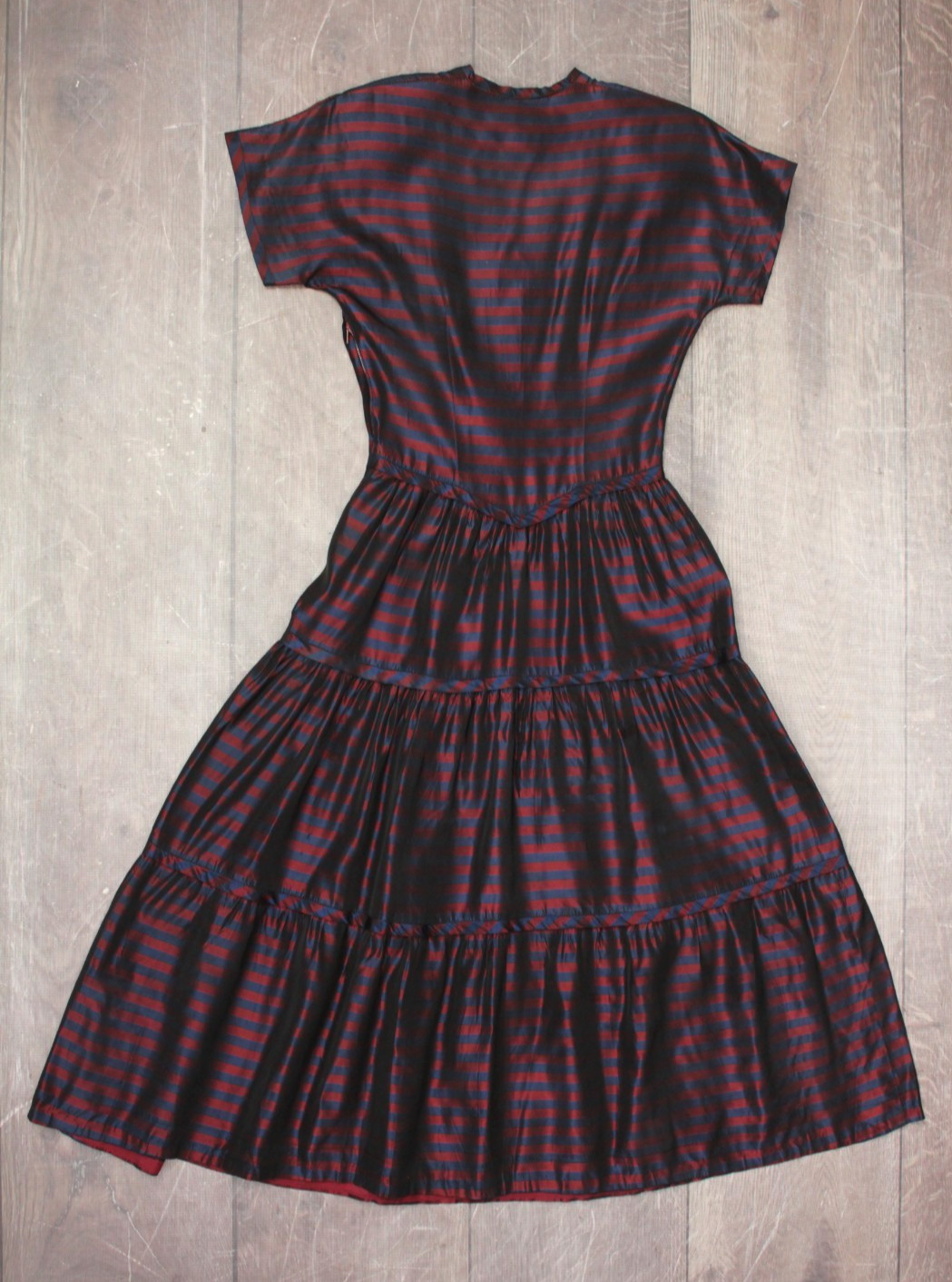 VTG Women’s 40s 50s Maroon & Navy Striped Taffeta Cocktail / Formal Dress XXS/XS