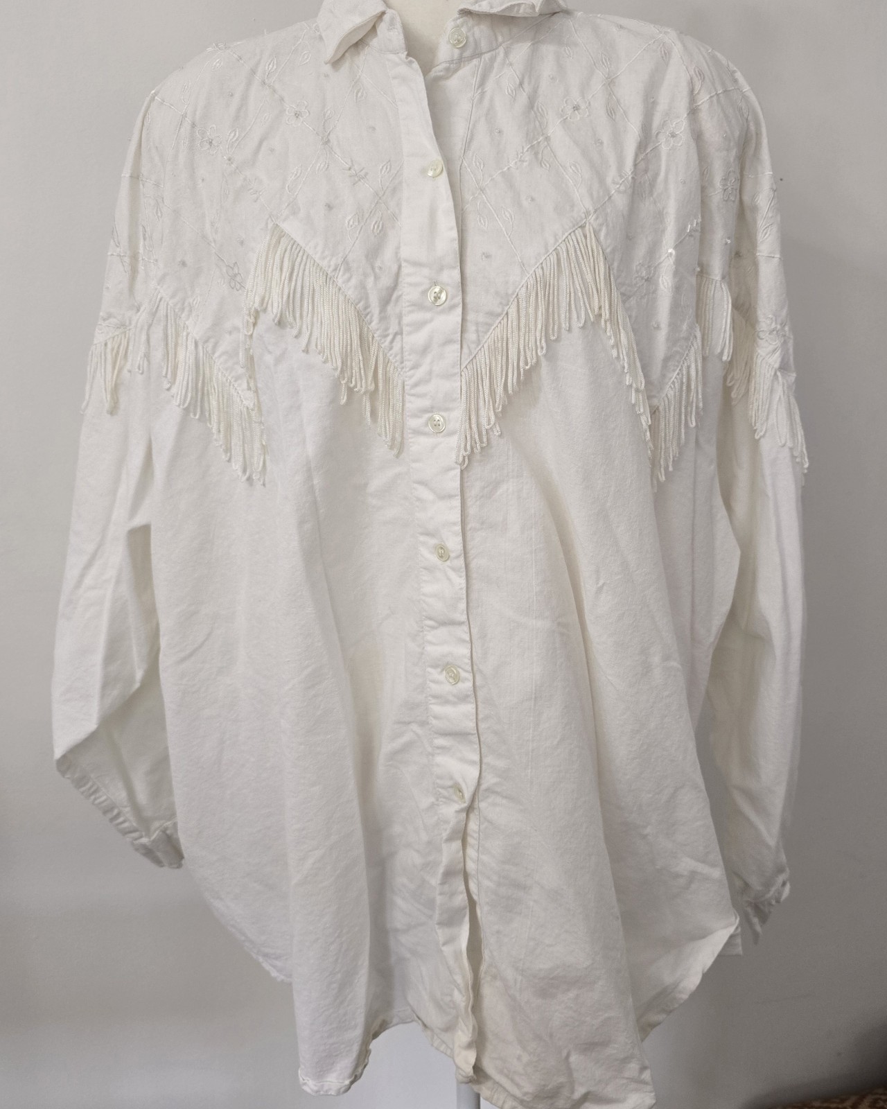 Vintage Bonjour White Button Top Fringe Embroidered Cowgirl Western Festival