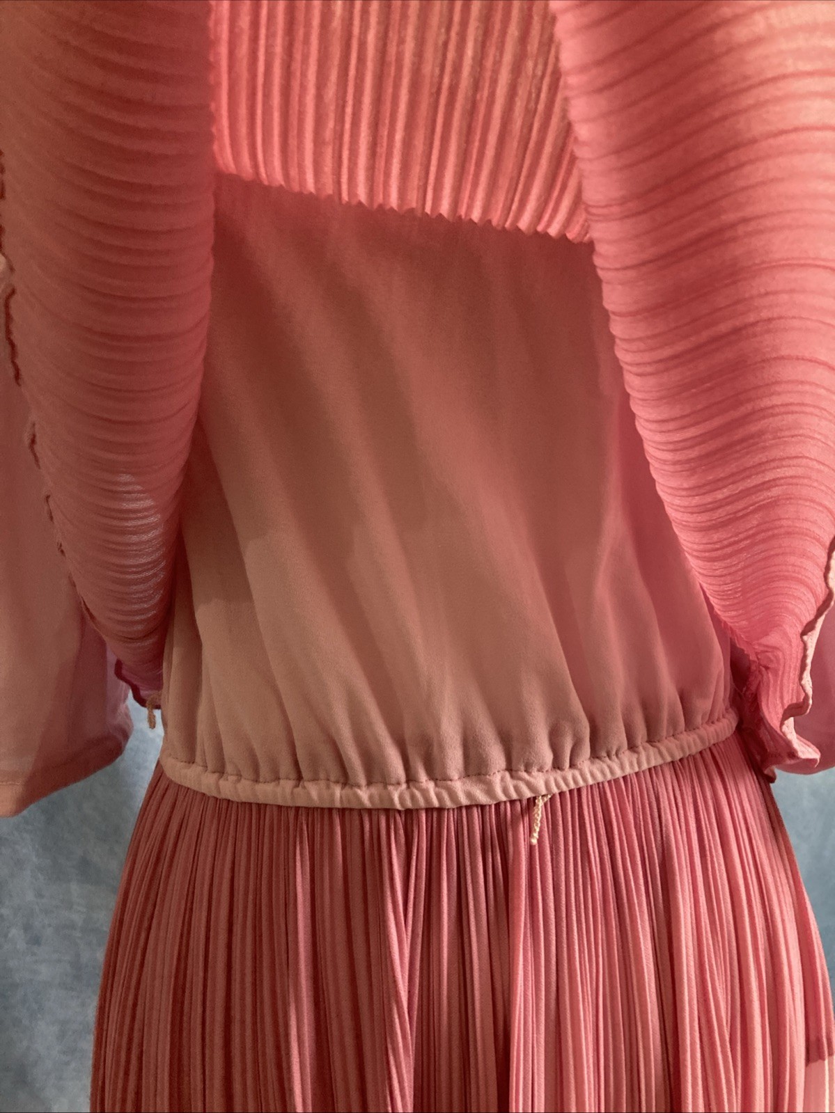 Vtg 70s Discovery Fashions Pleated Colorblock Dress Pink Plisse Disco Midi XS/S