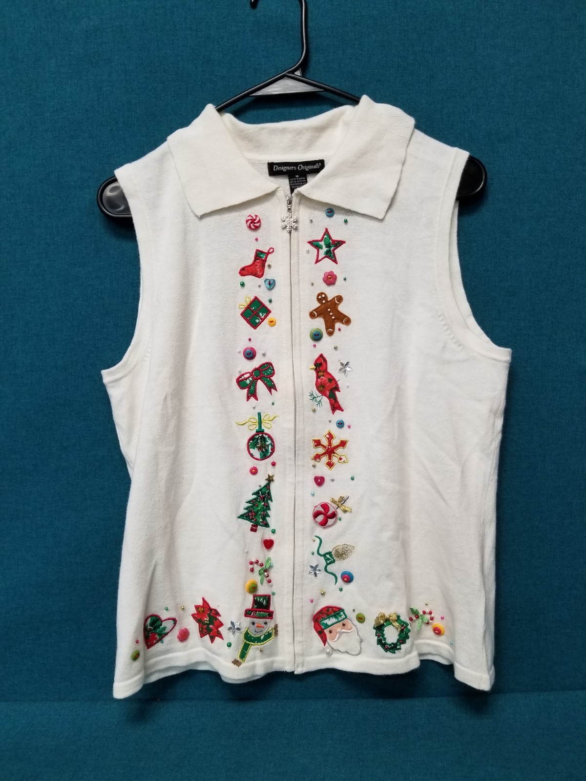 VTG Designers Originals Size M Christmas Patchwork & Embroidery White Zip Vest
