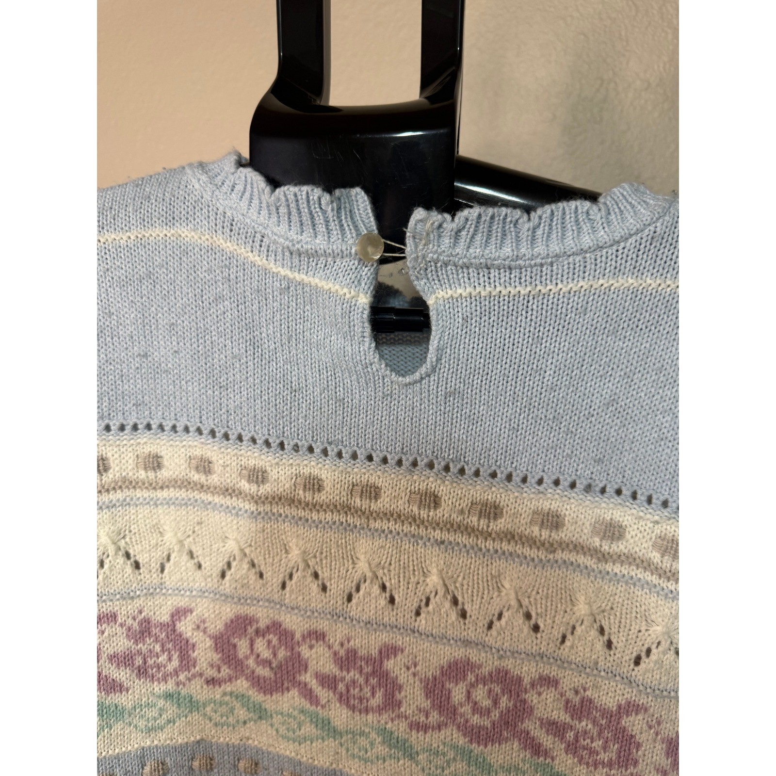 Vintage Beldoch Popper Pastel Floral Knit Sweater Blue Puffed Sleeve Made in USA