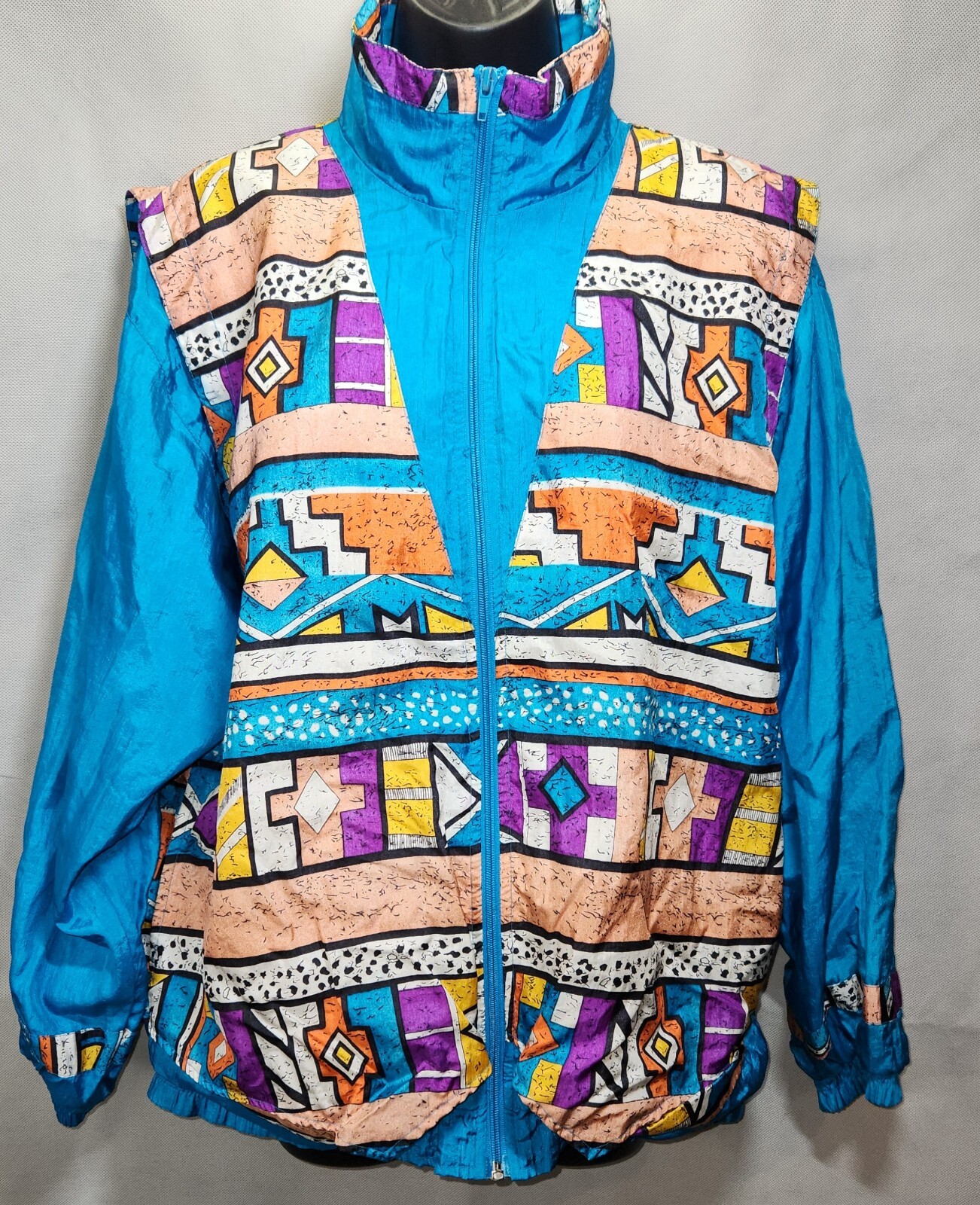 Vintage 80s Aztec Print Blue Windbreaker Jacket Womens Medium Laura Katherine