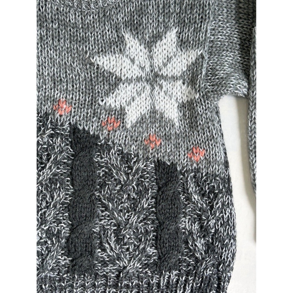 Just Cristina Vintage Grey Marl Snowflake Cable Knit Sweater Pink Floral Accents