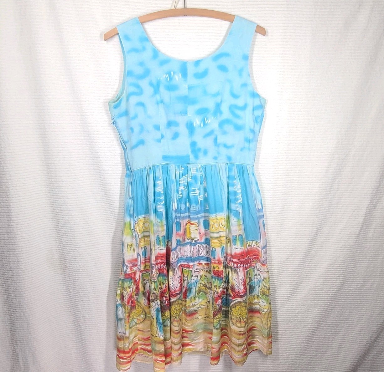 Vtg 50s Moulin Rouge Dress Border Print Tiered Skirt Novelty Cotton RARE AsIs S