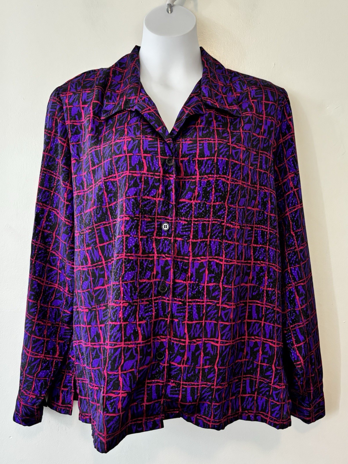 Vintage Koret Purple Pink Windowpane Blouse Large Shoulderpads 80s 90s Y2K