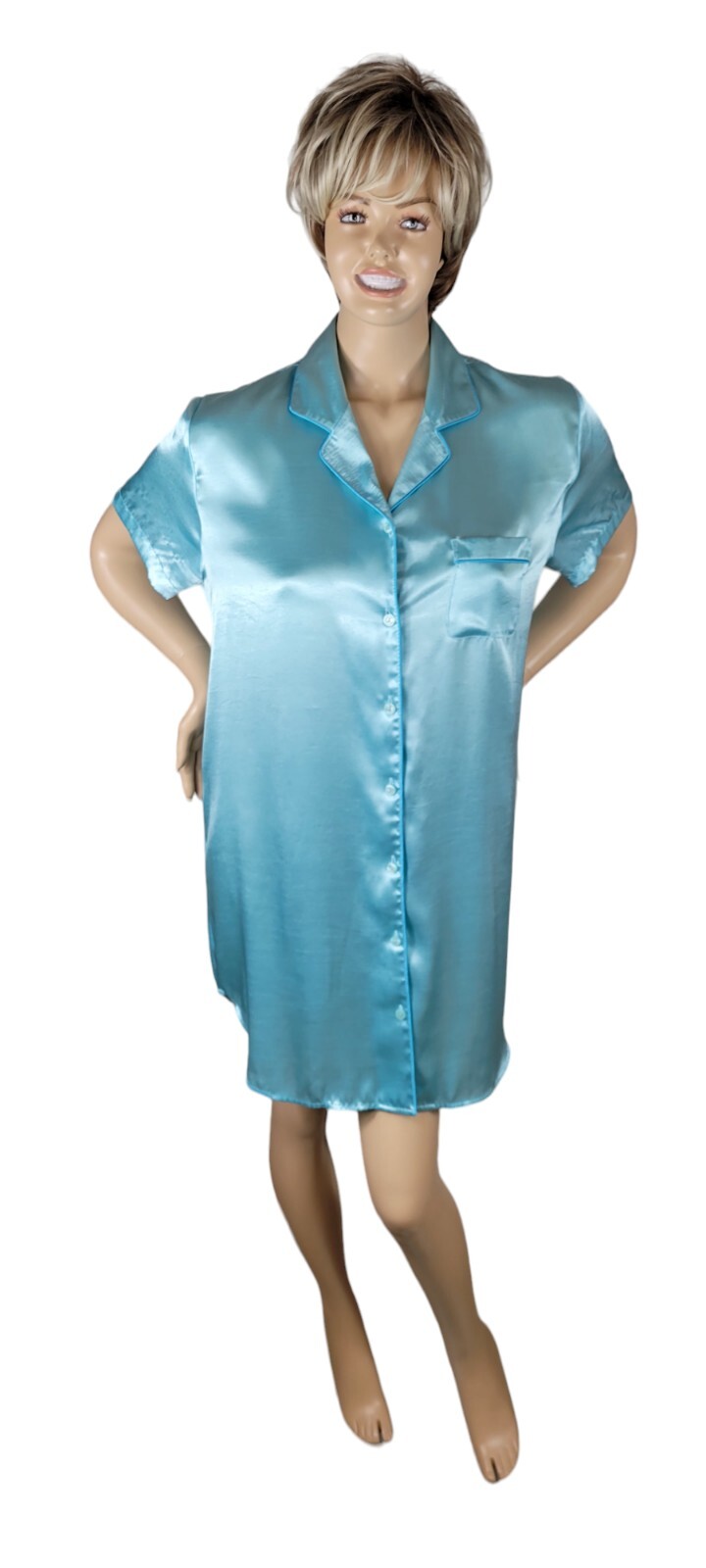 Vintage 90’s Delicates Liquid Satin Poly Turquoise Sleep Shirt Nightgown Sz XL