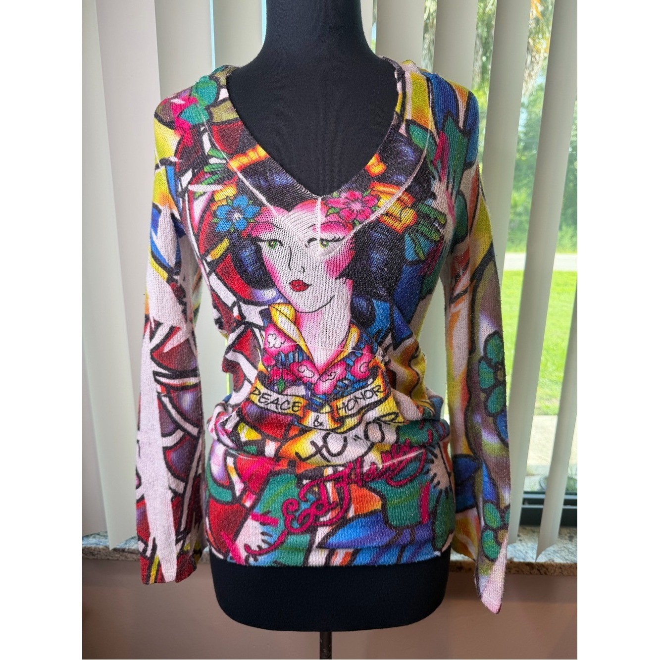 Y2K Vintage Ed Hardy knitted hooded sweater geisha art print Size Large
