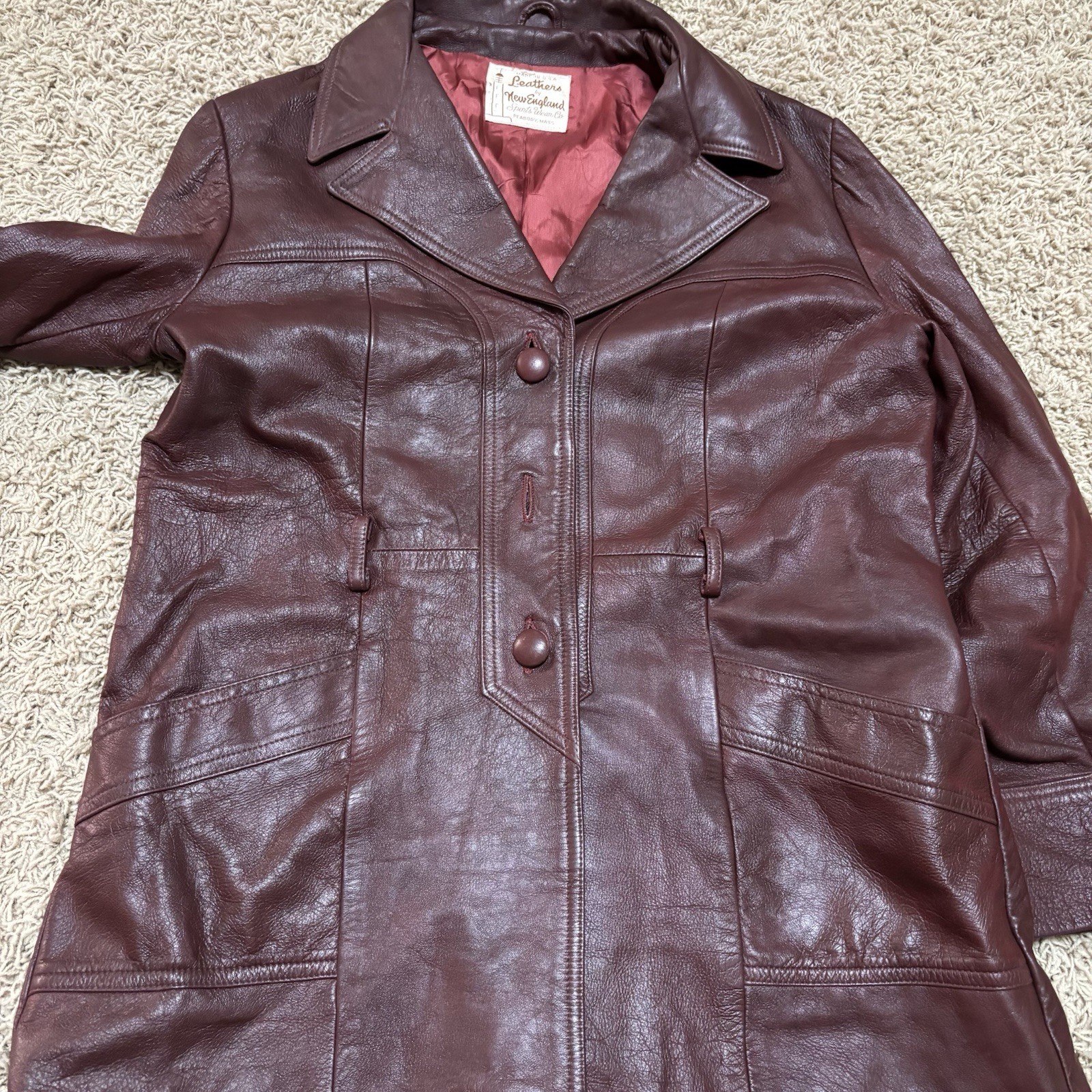 Vtg 70s Leathers New England Oxblood Red Leather Car Coat Trench Jacket S M USA