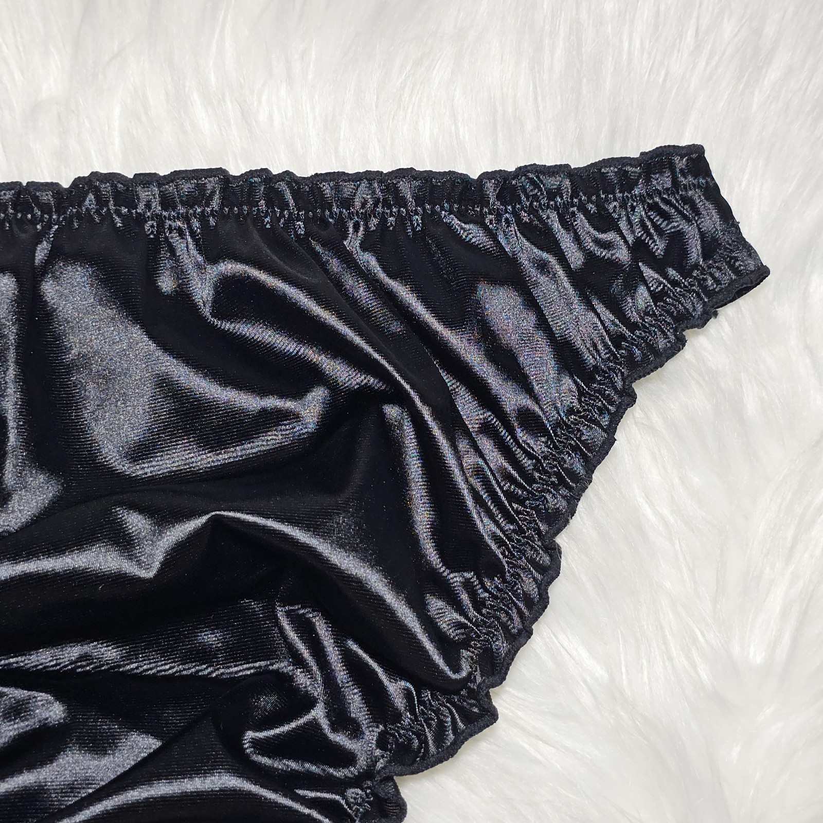 Glossy Nylon Satin Panty Liquid Black Bikini Sissy Ruffle Brief Sz. 8 Hip 40-44″